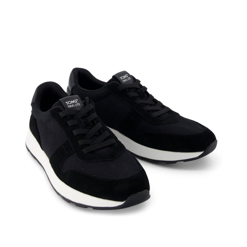 TRVL Lite Retro Runner Black Suede Water Repellent Sneaker Front View
