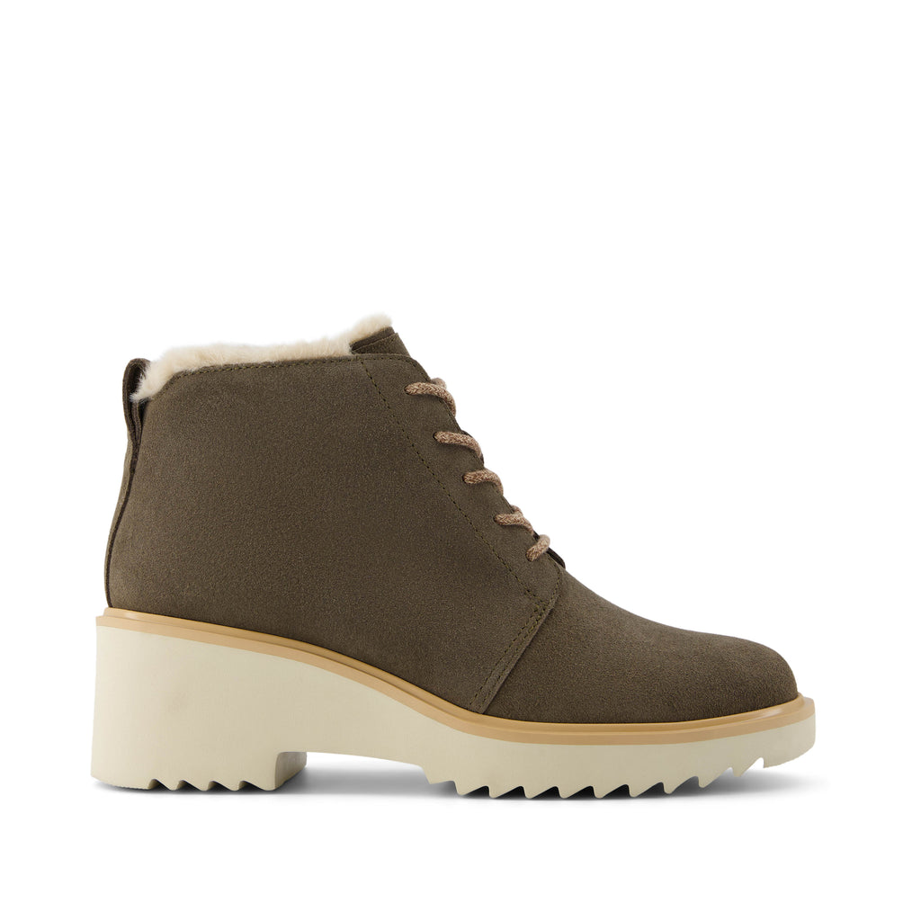 Maude Lace Up Olive Suede Faux Fur Wedge Boot Side View