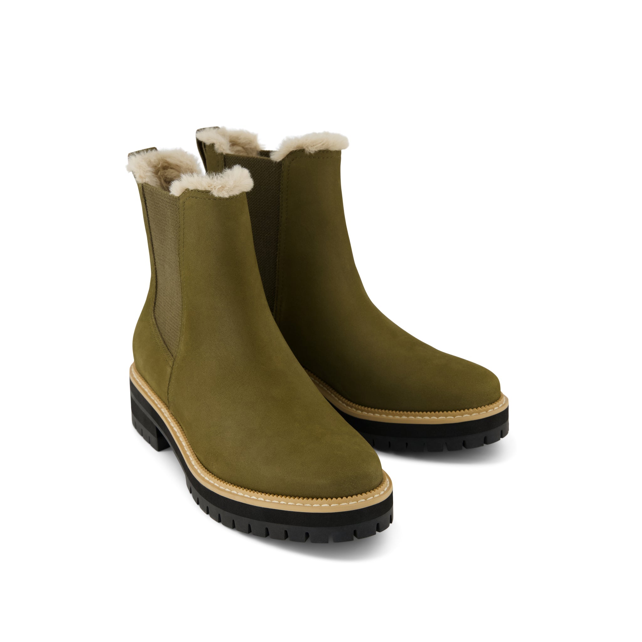 Bennet Boot - Water Resistant Olive Green Nubuck Leather Faux Fur Lined Front View