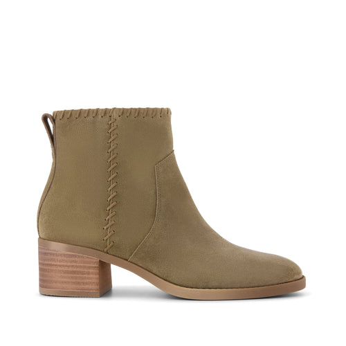 Delilah Heeled Boot - Water Repellent Military Olive Suede Side View