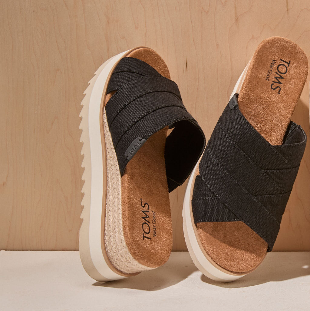 Up close detail image of the black canvas crossover Diana Mule sandal