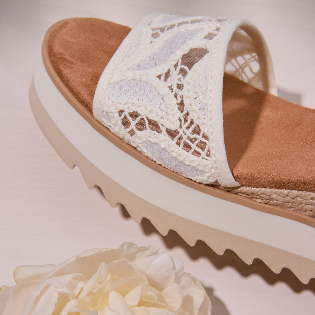Up close detail shot of the white lace Diana Sandal