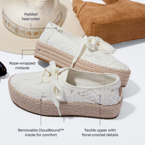 Valencia Lace-Up Espadrille - Egret Witte Bloemen Haakwerk