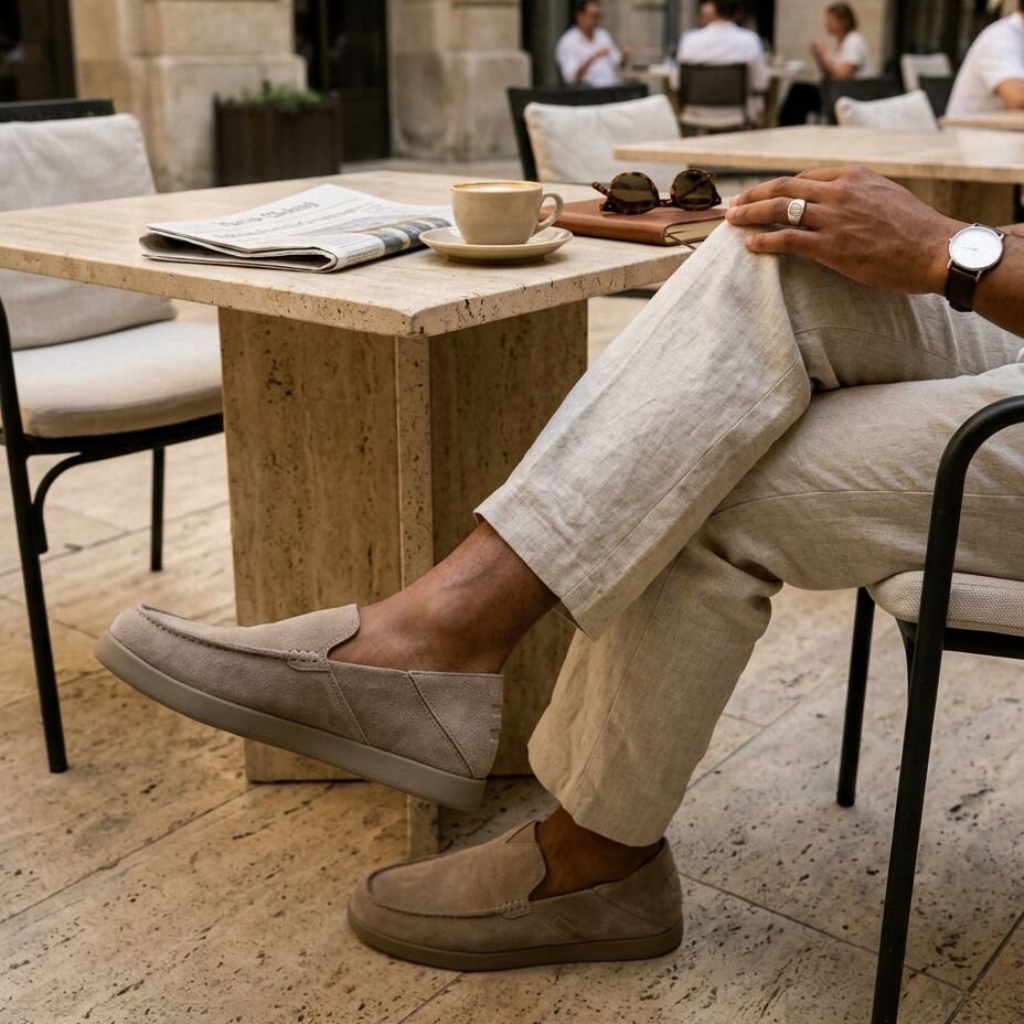 On model image of the dune suede Alonso loafer