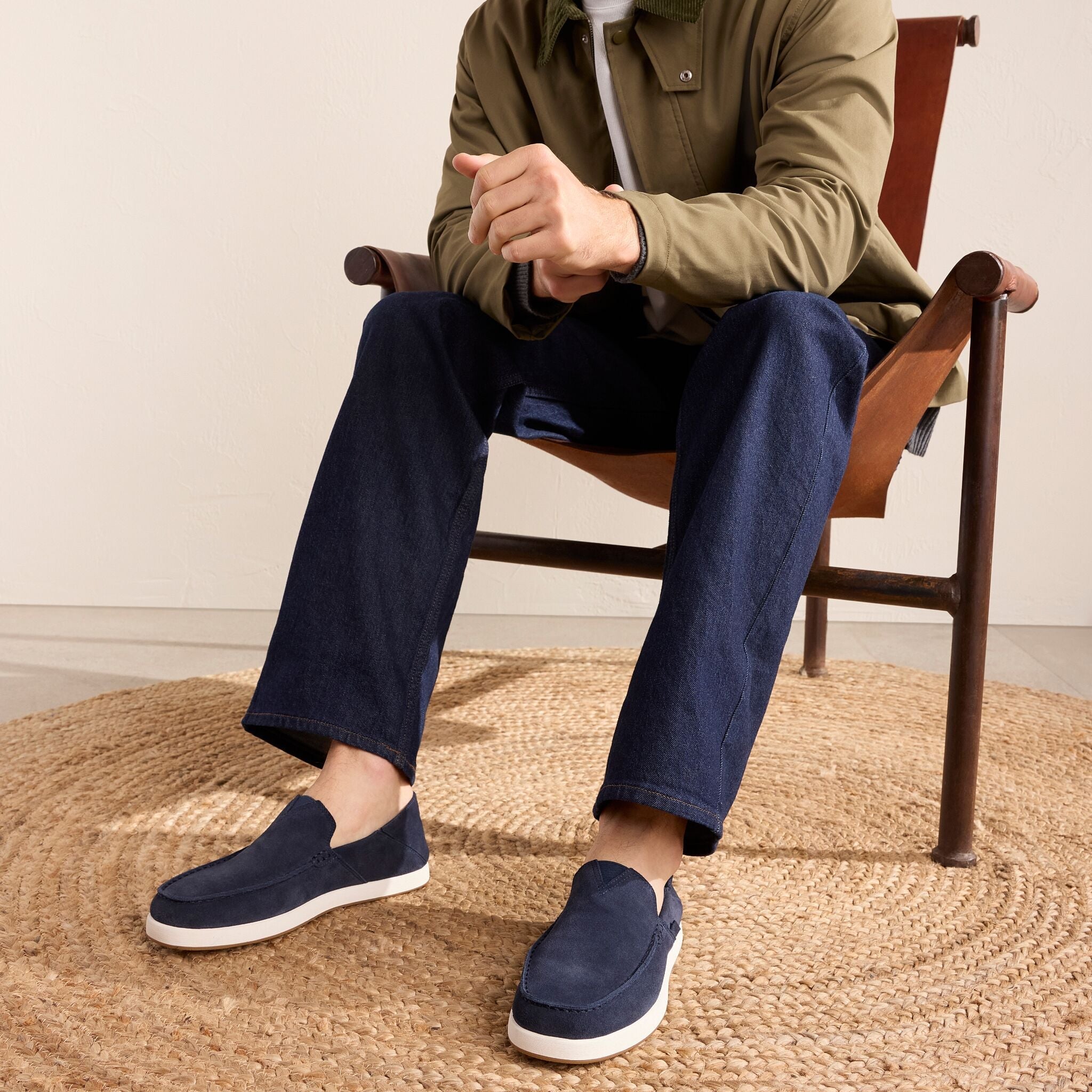 On model image of the navy suede Alonso loafer