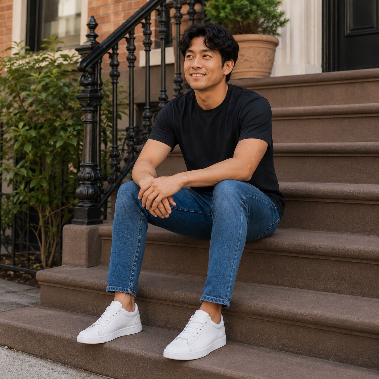 On model image of the white leather TRVL Lite Miles lace up sneaker