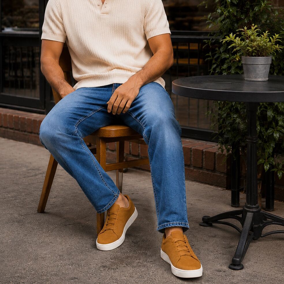 On model image of the tan leather TRVL Lite Miles lace up sneaker