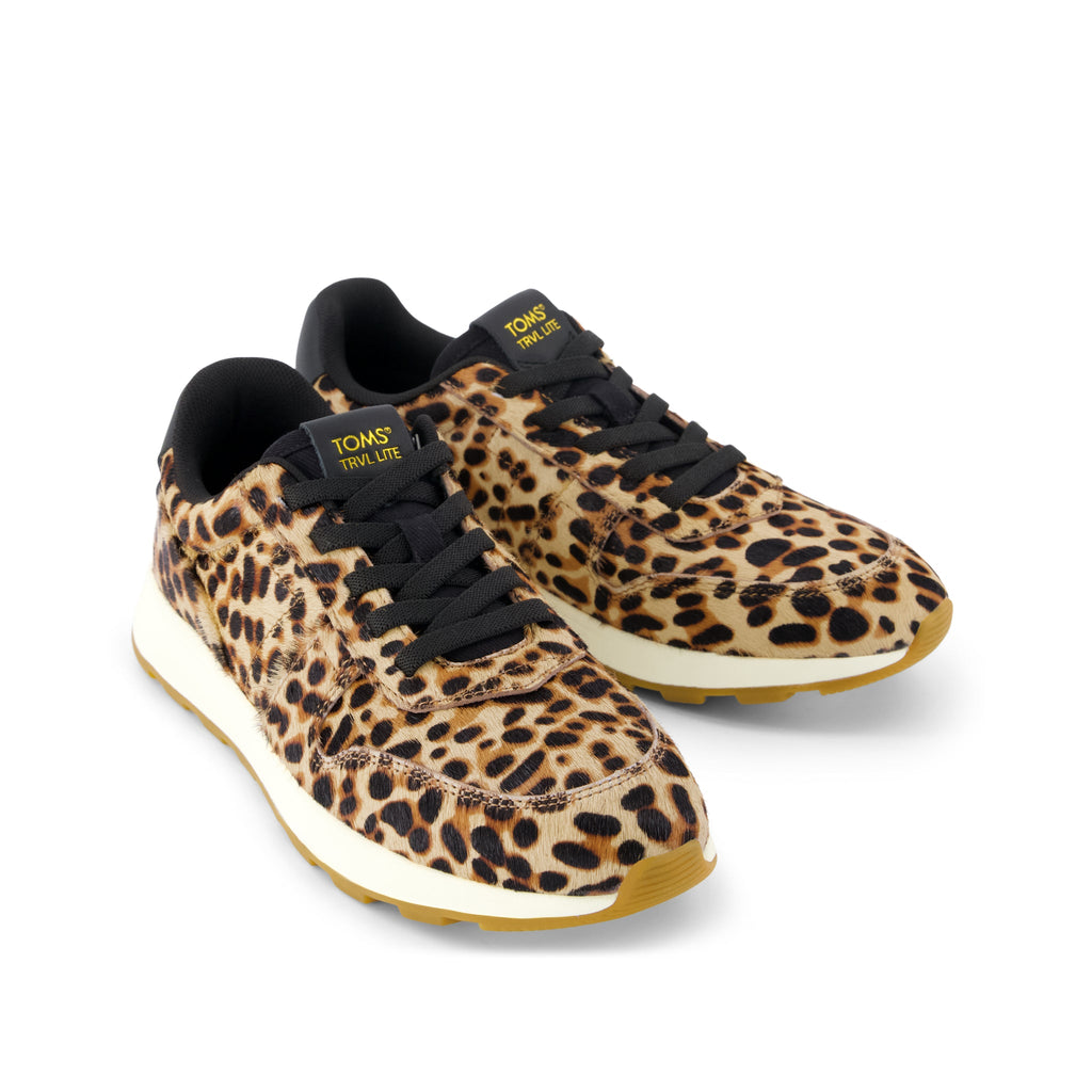 TRVL LITE Retro Runner Sneaker - Brown Sugar Leopard Print Hair Leather Front View