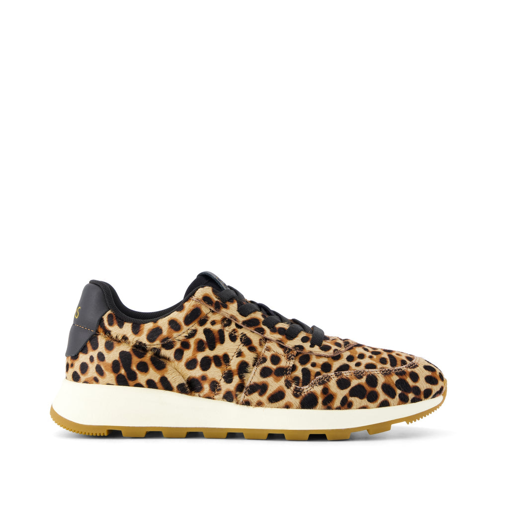 TRVL LITE Retro Runner Sneaker - Brown Sugar Leopard Print Hair Leather Side View