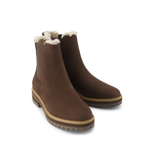 Bennet Boot - Water Resistant Chocolate Brown Nubuck Leather w/ Faux Fur Front View