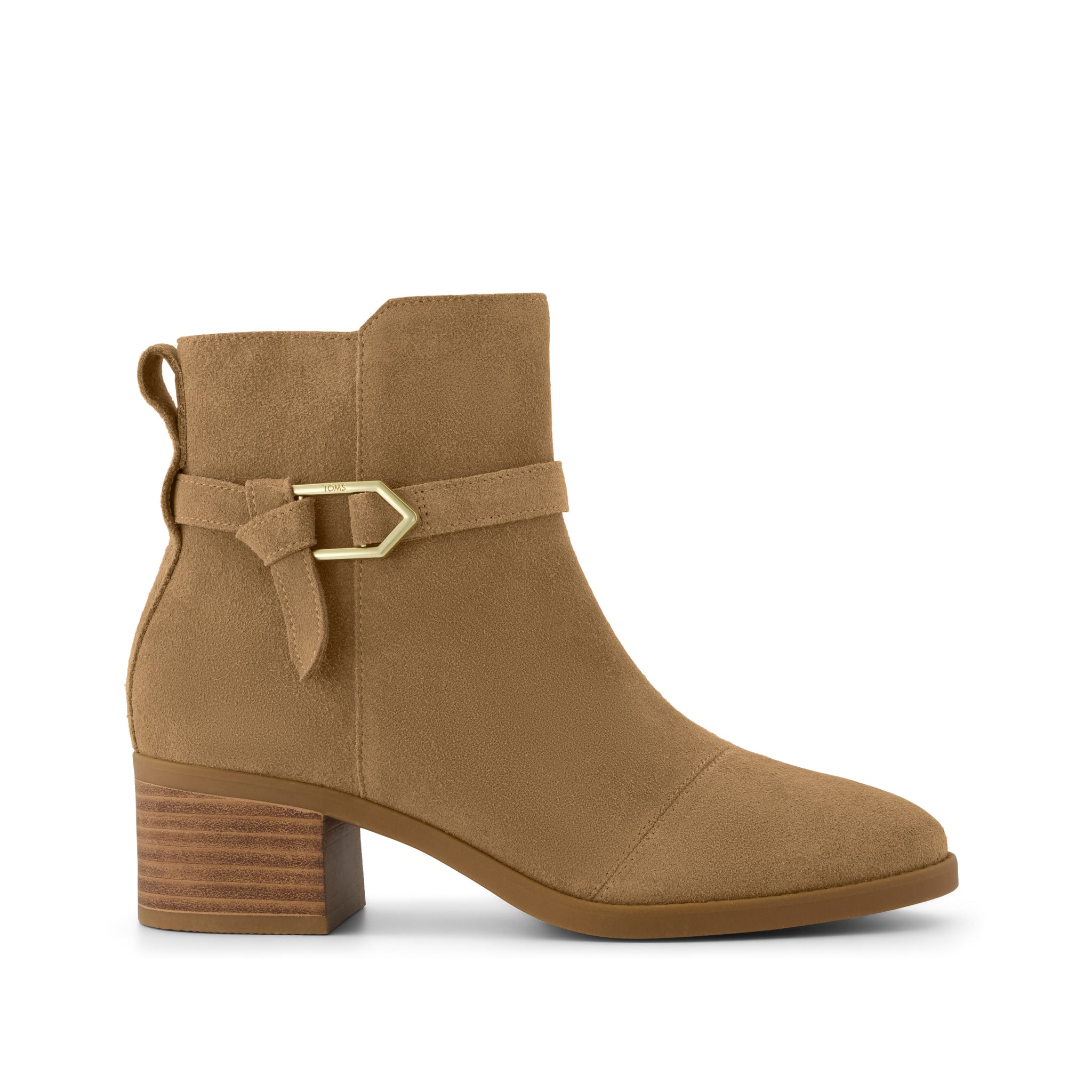 Delilah Buckle Ankle Boot - Toffee Suede Side View