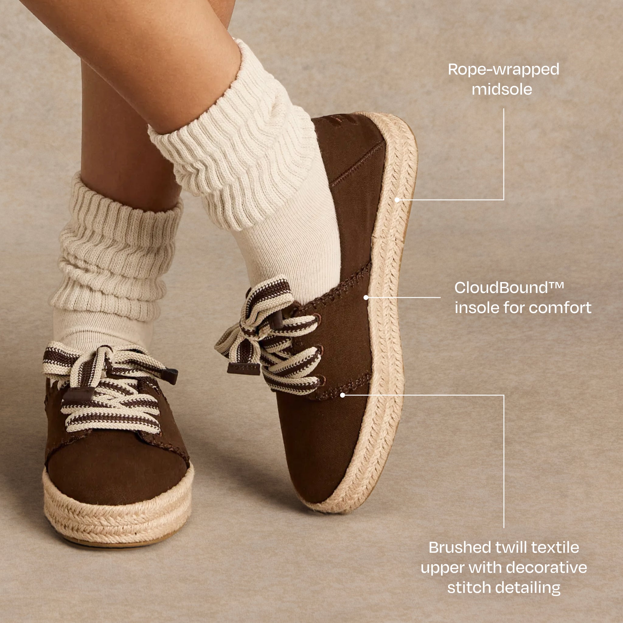 Carolina Lace-Up Espadrille - Cacao Bruin Geborsteld Twill met Deco Stitch
