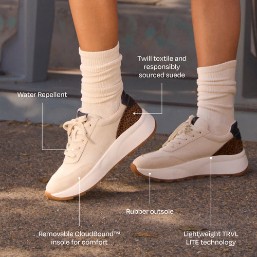 TRVL LITE Wedge Sneaker - Water Repellent Cream Vintage Twill and Micro Cheetah Print