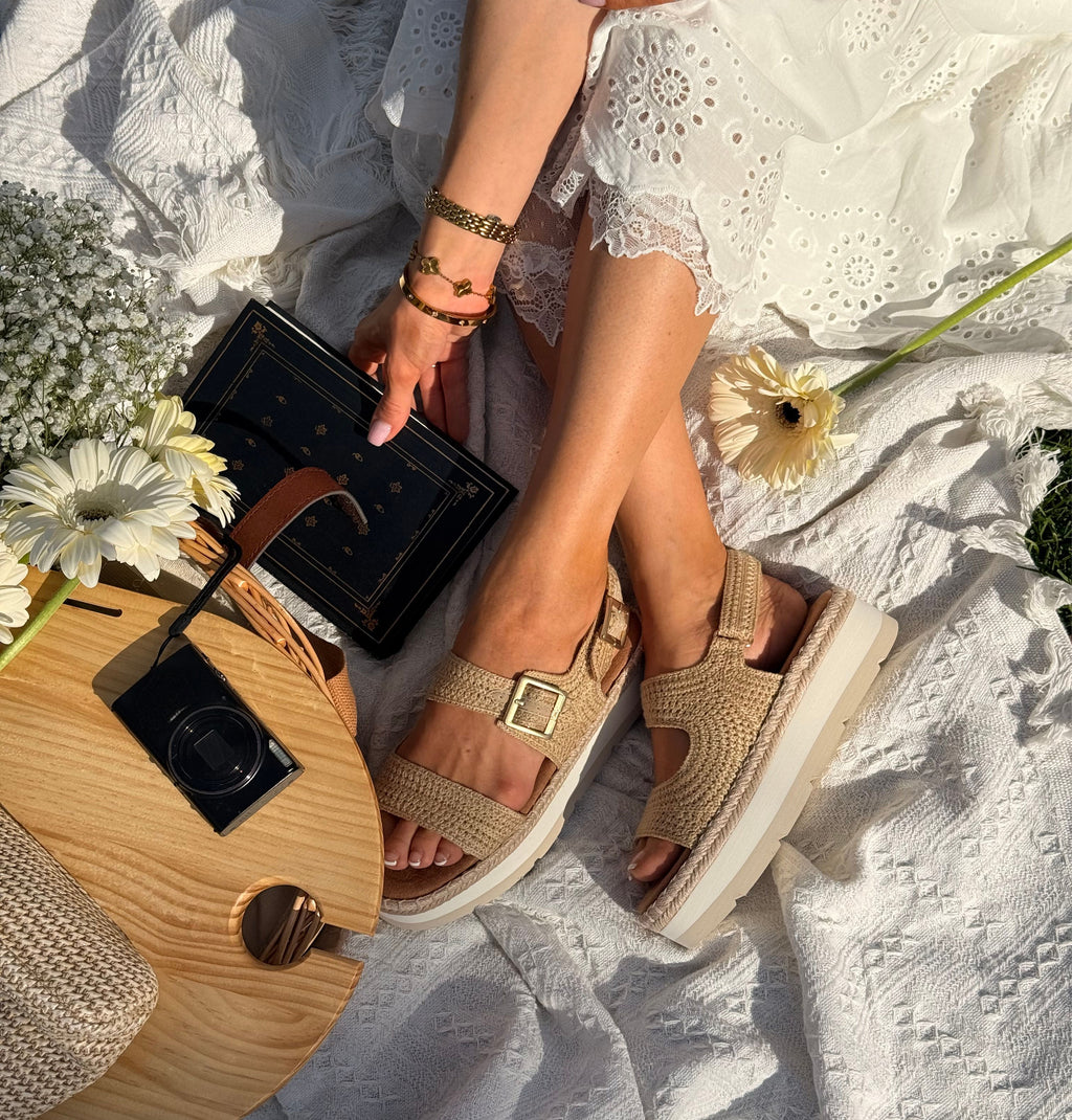 Giana Platform Sandal - Beige & Bruin Gestreepte Haakwerk
