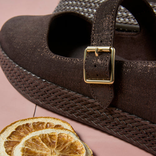 Carolina Mary Jane Espadrille - Chocolate Brown Metallic Crosshatch Suede