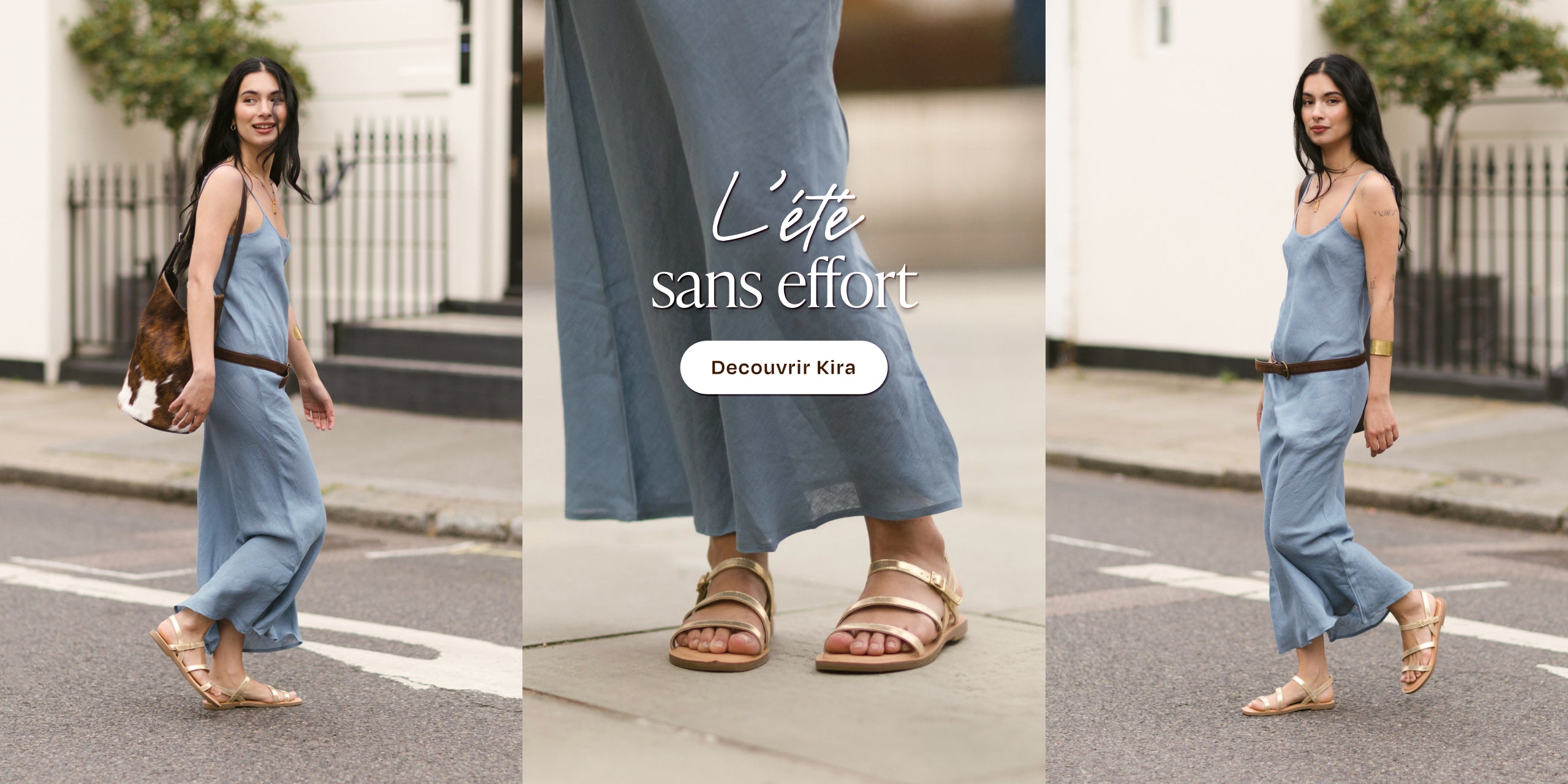 Sandales Kira en cuir métallisé jaune clair sur le mannequin