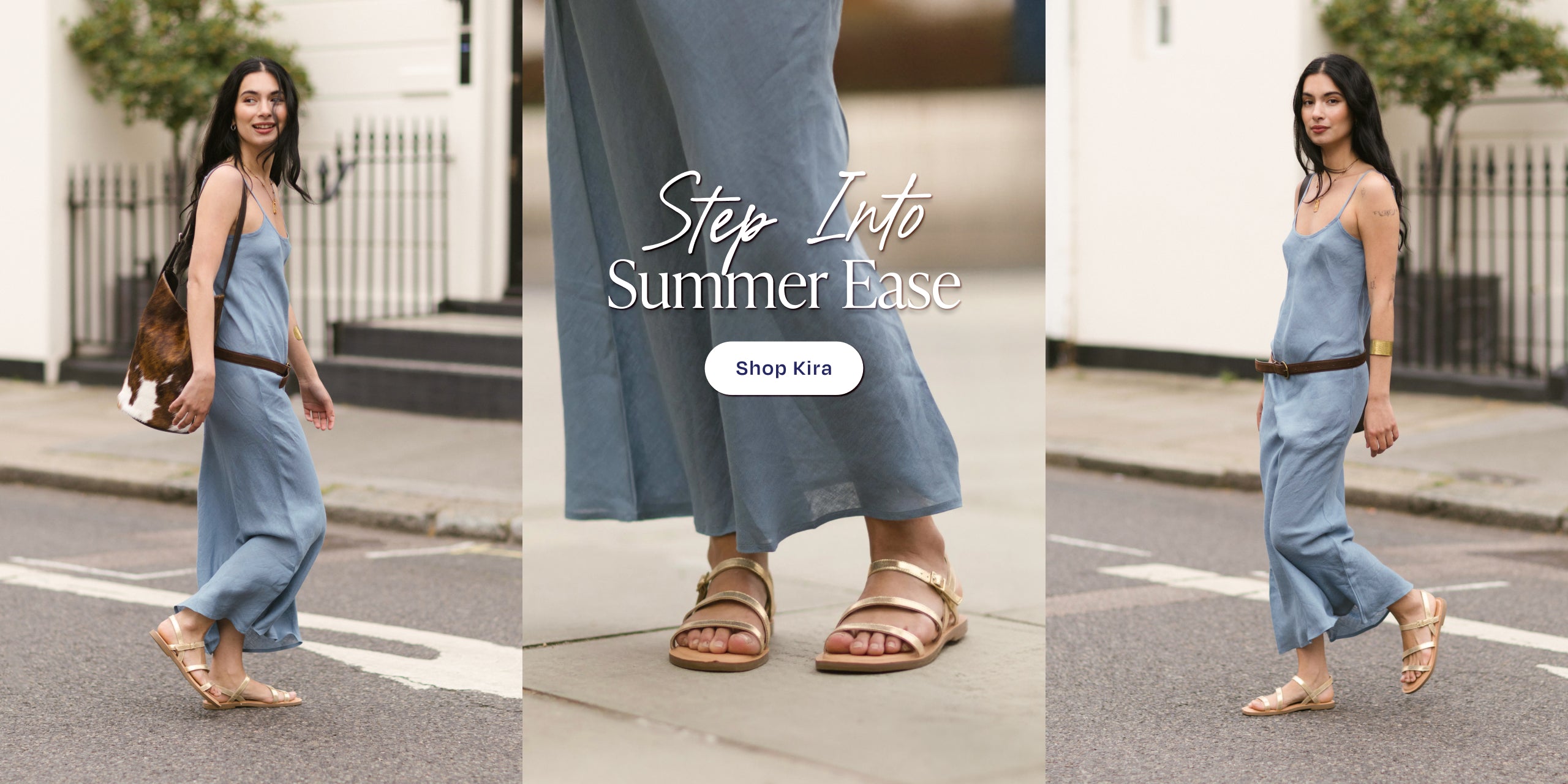 Kira sandal in Light Yellow Gold Metallic Leather on model
