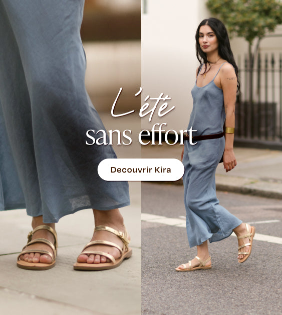 Sandales Kira en cuir métallisé jaune clair sur le mannequin