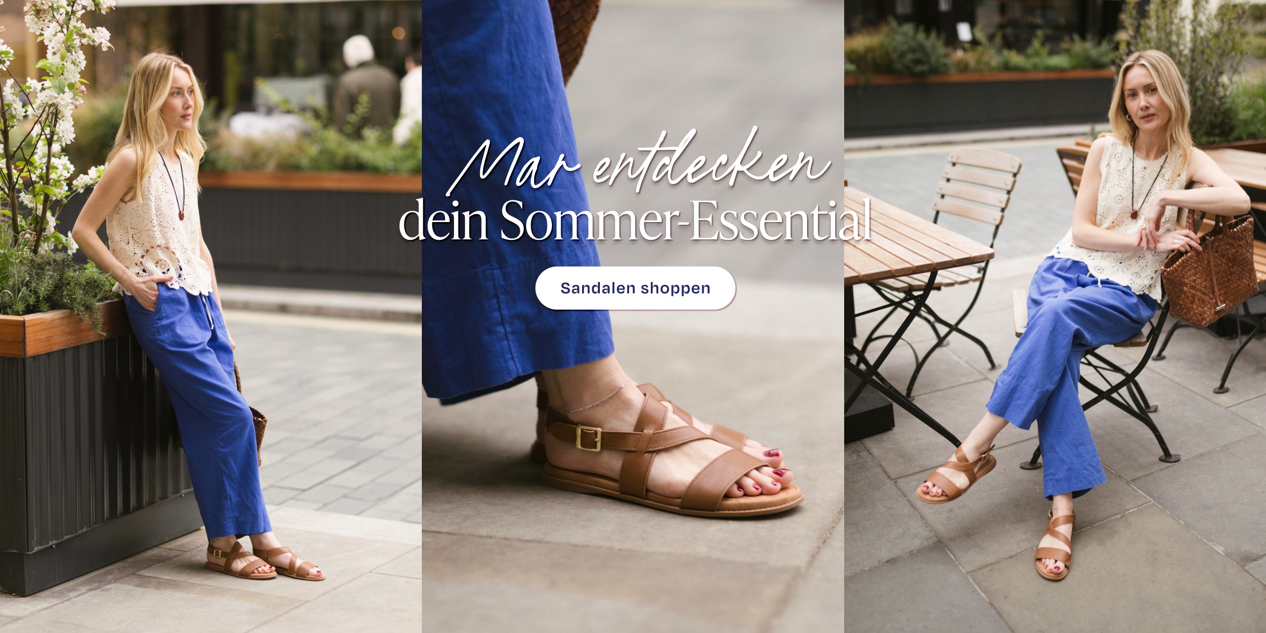 Die Sandale Mar aus Leder in kamelbraun am Model