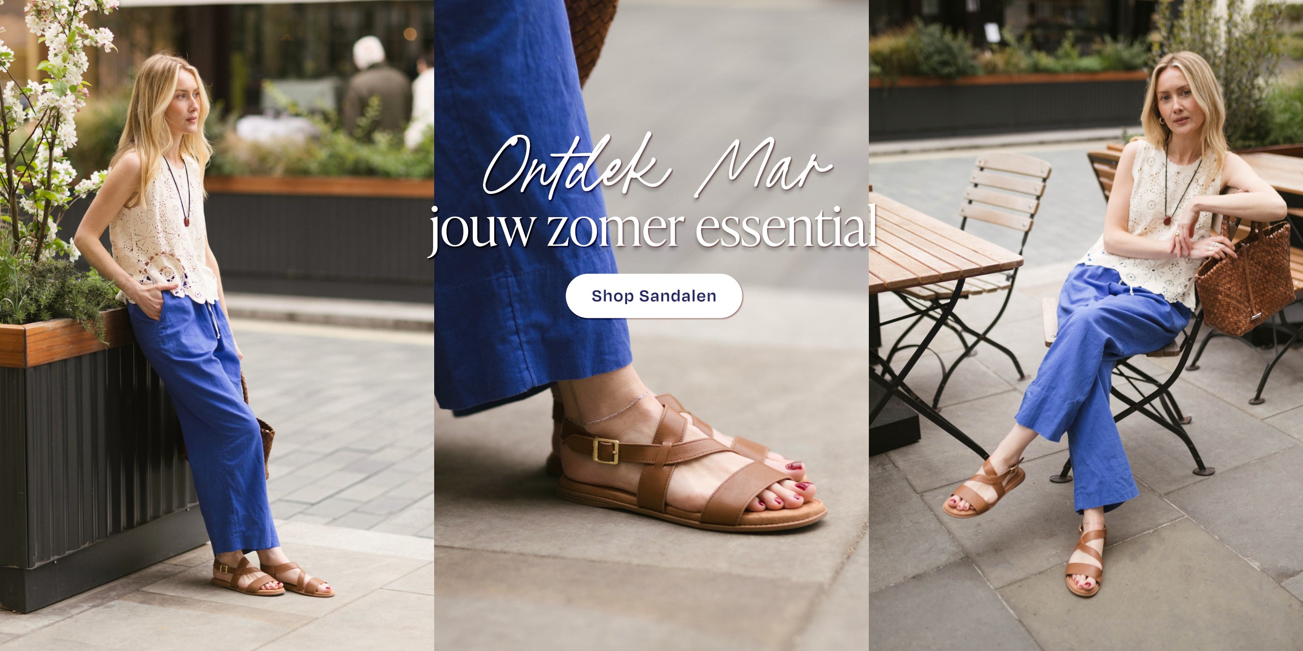 De Mar-sandaal van Camel-leer aan het model