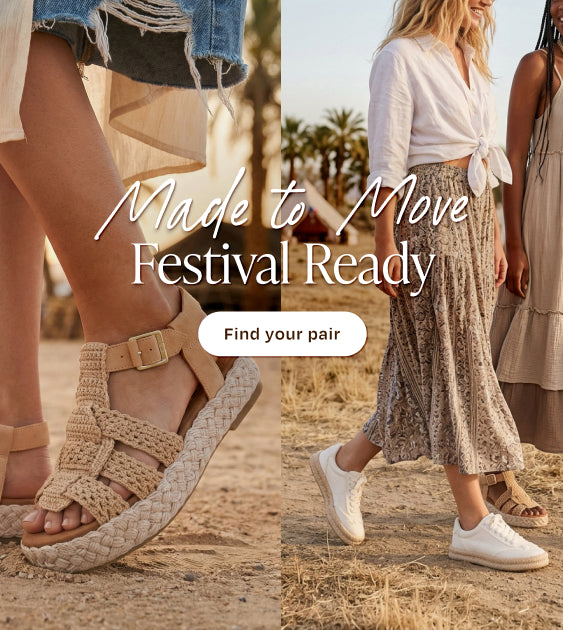 Jac in Light Caramel Brown Crochet & Suede and Jesse in White Canvas Fray on model