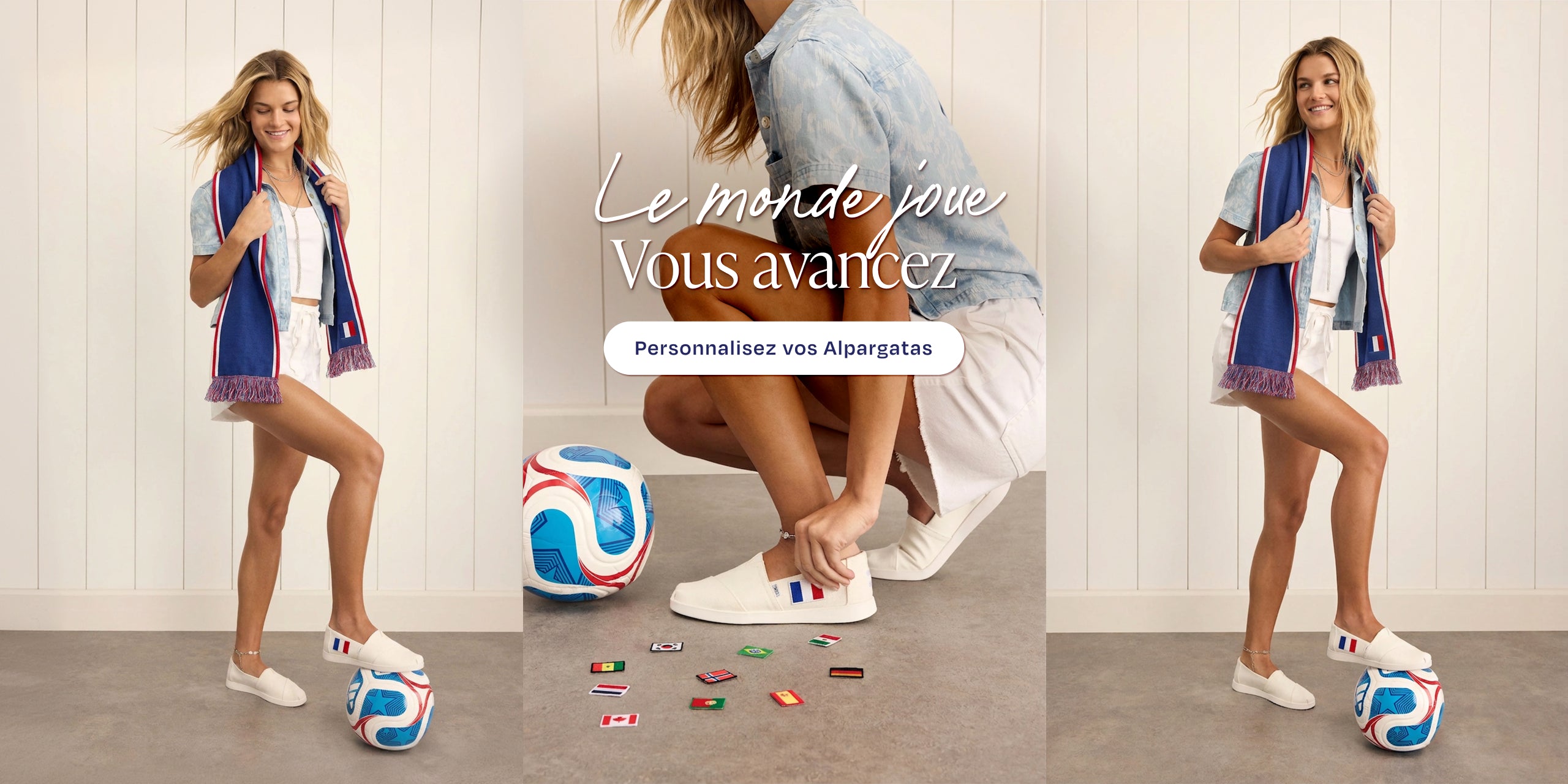 Alpargata Plus en toile heritage blanche avec un écusson en forme de drapeau sur le modèle