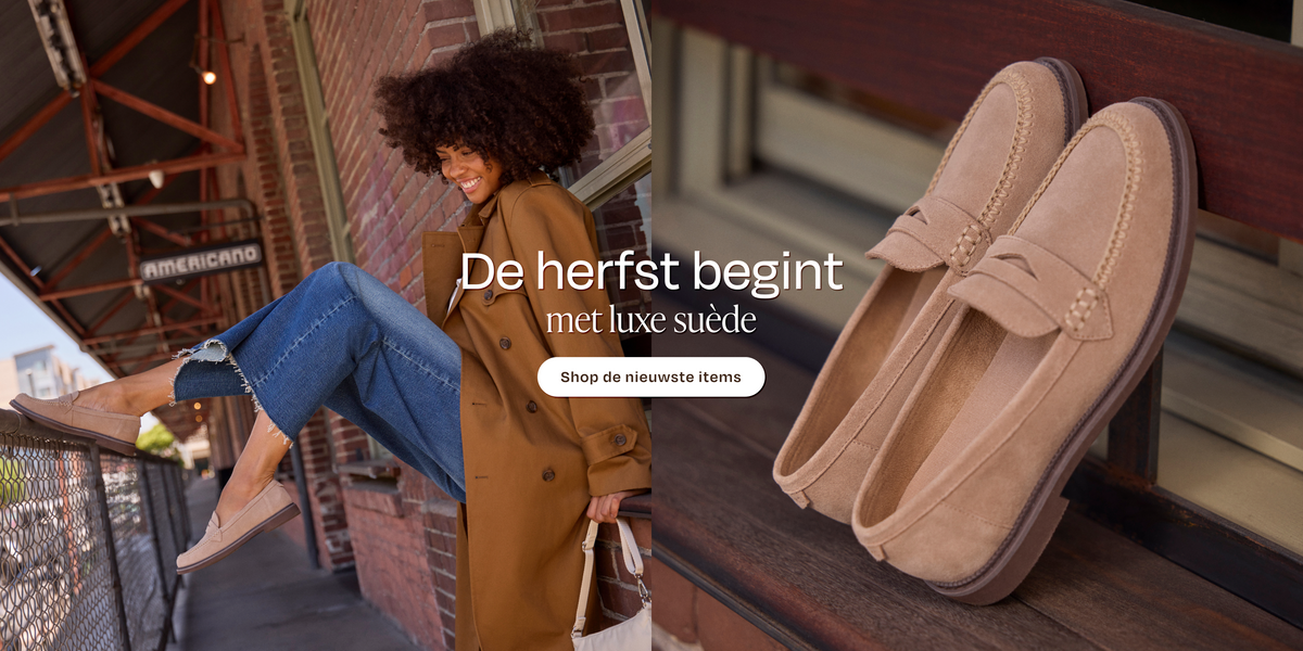 Marie loafer in taupebruin suède met sierstiksel op model