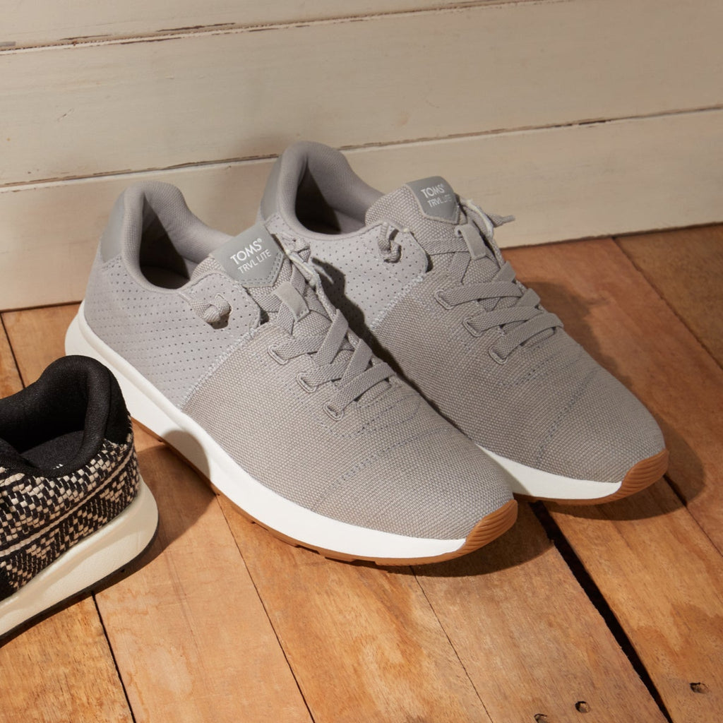 laydown shot Trvl Lite Cabrillo Water Repellent Drizzle Grey Canvas and Suede Mens Sneaker