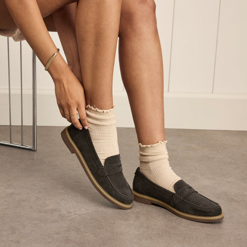 On model image of the chocolate brown Marie loafer